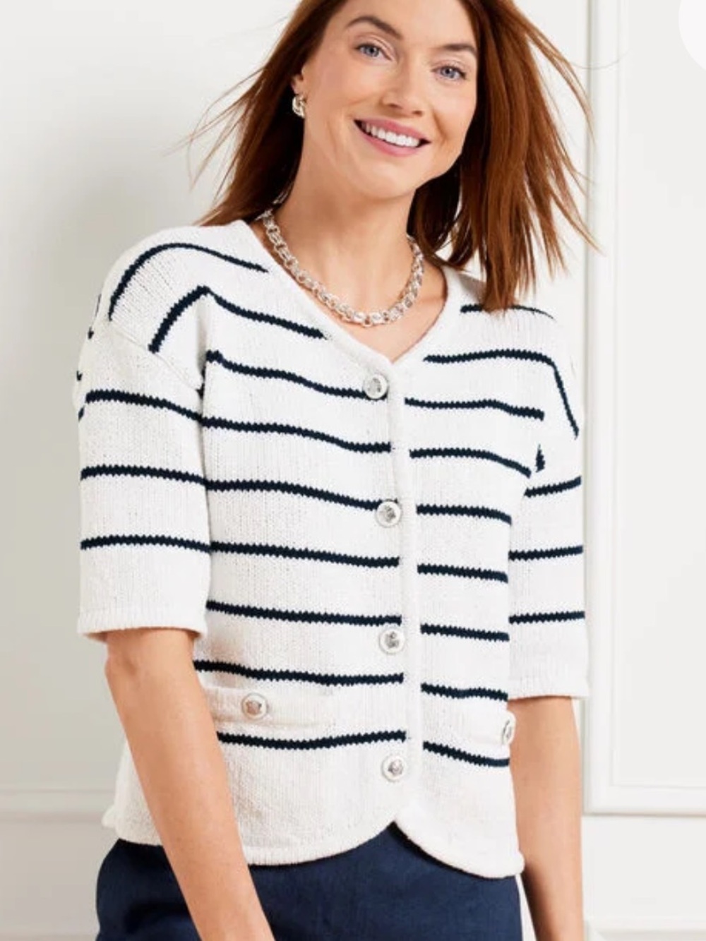 TALBOTS ELBOW SLEEVE SWEATER JACKET - STRIPE White Indigo Blue Sz Large
